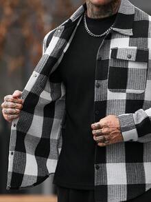 Manfinity CasualCool 男士黑色復古格紋翻領寬鬆休閒夾克襯衫 - 黑色 - 查看 7