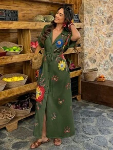 Louniche Women's Casual Vacation Placement Print Batwing Sleeve Long Dress, Suitable For Daily Wear And Vacation - Multicolor - View 5