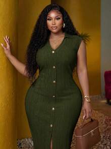 Veslaya Plus Size Women Textured Single-Breasted Dress For Honeymoon Travel And Garden Party - Army Green - View 6