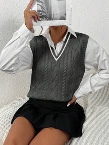 SHEIN PariChic 女款編織拼色背心外套，學院風 - 深灰色 - 查看 5