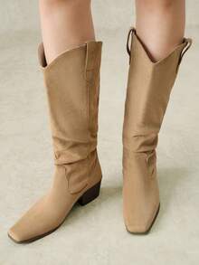 Styleloop 2026 New Thick Heel High Tube Elastic Slip-On Women's Boots Fashionable Natural Wrinkled Western Boots Fall Shoes - Apricot - View 3