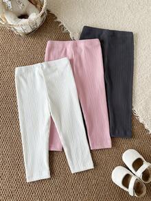 SHEIN Vintaside Kids 3件組女嬰法式簡約純色針織內搭褲，彈性腰頭，休閒日常百搭，可愛甜美 - 彩色 - 查看 2