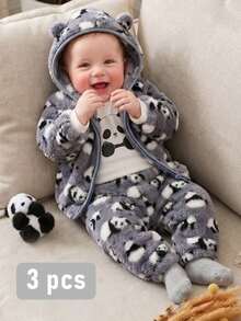 SHEIN Vintaside Kids 可愛熊貓雙面毛絨 3 件套 男嬰適用 - 灰色 - 查看 1