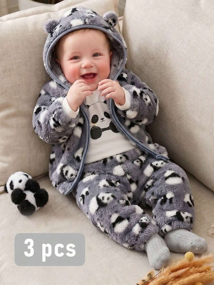SHEIN Vintaside Kids 可愛熊貓雙面毛絨 3 件套 男嬰適用 - 灰色 - 查看 1