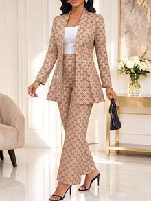 SHEIN Lady طقم نسائي أنيق من قطعتين باللون الكاكي مطبوع بنقشة فيونكة، بليزر مفتوح الأمام بأكمام طويلة مع بنطال واسع الساق، مناسب للمكتب والعمل والأعمال التجارية في فصل الخريف - لون مشمشي - مشاهدة 4