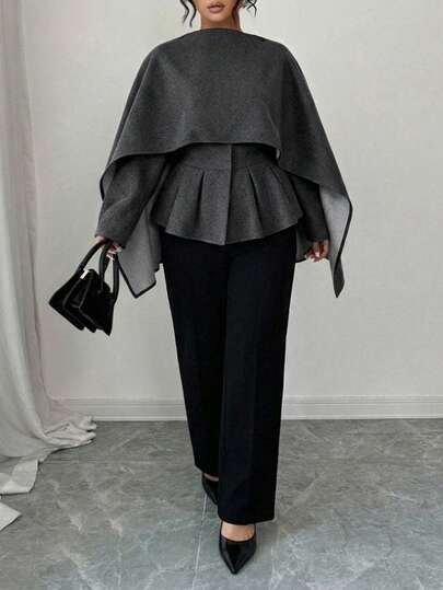 Elenzga Plus Size Women's New Fashion Grey Layered Short Wool Blend Long Sleeve Jacket