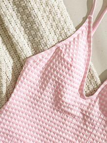 Swim Mod Women's Spaghetti Strap V-Neck Plaid Special Fabric Vacation Sexy High Leg One-Piece Swimsuit - Pink - View 7