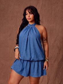 Slaydiva Gaun Denim Tanpa Punggung Model Halter Neck Ukuran Plus Kasual Seksi untuk Liburan, Kencan Malam Formal, Biru Musim Gugur - Coklat - View 3