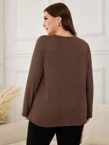 Lacomfia Autumn/Winter Elegant Round Neck Pullover Knit Textured Striped Plus Size Women's Long Sleeve T-Shirt - Brown - View 2