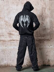 Skyrend Men Dark Gothic Cross Wing Print Thermal Fleece Oversized Hoodie Street Style Warm Hooded Sweatshirt Fall/Autumn/Winter Grunge - Black - View 1