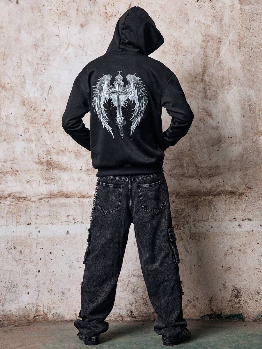 Skyrend Men Dark Gothic Cross Wing Print Thermal Fleece Oversized Hoodie Street Style Warm Hooded Sweatshirt Fall/Autumn/Winter Grunge - Black - View 1