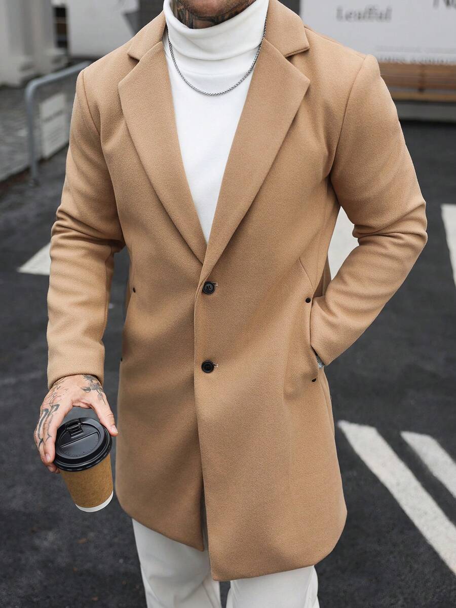 Manfinity CasualCool En's Solid Color Pocket & Button Front Long Sleeve Overcoat, Autumn Fall Clothes, Winter Ceremony - Grey - View 1