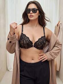 Bralution Black Underwire Molded Cup Bra, High Support, Push-Up Lift, Chain Decor, Lace Patchwork, Shiny, Front Closure, Romantic Elegant, Plus Size - Black - View 5