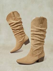 Styleloop 2026 New Thick Heel High Tube Elastic Slip-On Women's Boots Fashionable Natural Wrinkled Western Boots Fall Shoes - Apricot - View 4