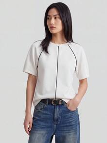 Ontre 女款黑白條紋米白色黑格紋休閒簡約優雅商務日用辦公圓領T恤 教師節夏季款 - 杏色 - 查看 3