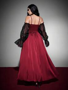 Whyspr Plus-Size Women's Lace Net Deep V-Neck Halloween Goth Dress Fall - Burgundy - View 6