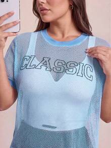SHEIN Rhythm Era Women's Plus Size Letter Graphic Casual Daily Wear Sports T-Shirt - Blue - View 5