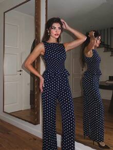 SHEIN MOD Women's Polka Dot Pattern Waist Gathered Sleeveless Blouse And Long Pants Casual 2 Pieces Set - Navy Blue - View 8