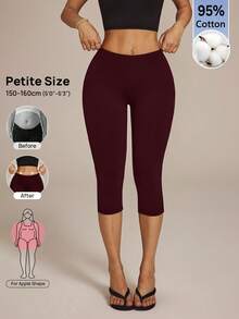 SHEIN PETITE 女款 95% 棉 Caprileggings 七分緊身褲 - 酒紅色 - 查看 10