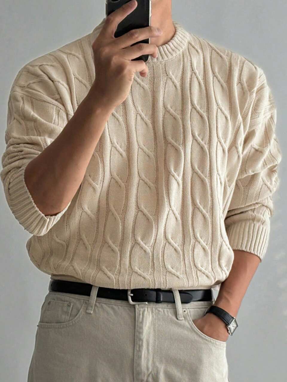Autumn/Winter Apricot Cable Knit Crew Neck Long Sleeve Cuffed Men's Sweater