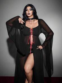 Whyspr Kemeja Panjang Gaya Gothic Halloween Seksi Leher V Ukuran Besar dengan Blok Warna dan Tali Tipis - Hitam - View 1