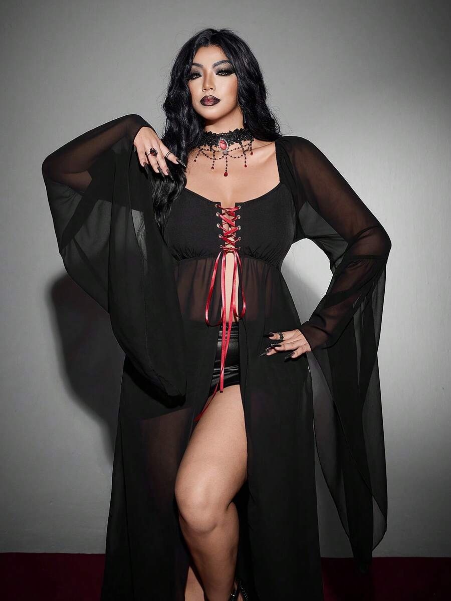 Whyspr Kemeja Panjang Gaya Gothic Halloween Seksi Leher V Ukuran Besar dengan Blok Warna dan Tali Tipis - Hitam - View 1