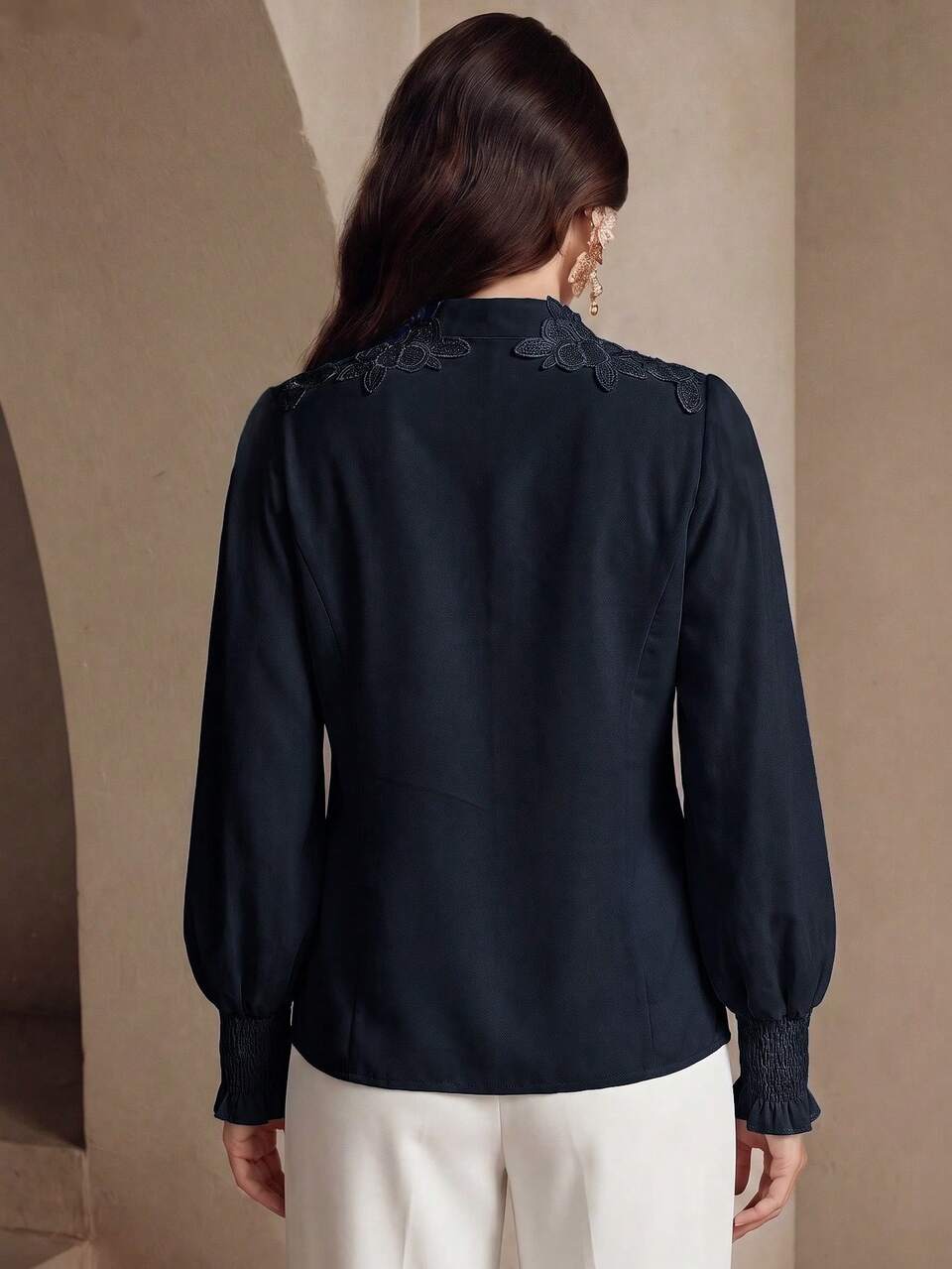 Women's Casual Elegant Blouse Floral Collar Tie Long Sleeve With Smocked Cuffs, Suitable For Spring Summer Valentine's Day Vacation Carnival Wear