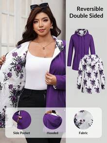 SHEIN Clasi 大尺碼女款花卉印花連帽休閒日常長袖外套 - 紫色 - 查看 8