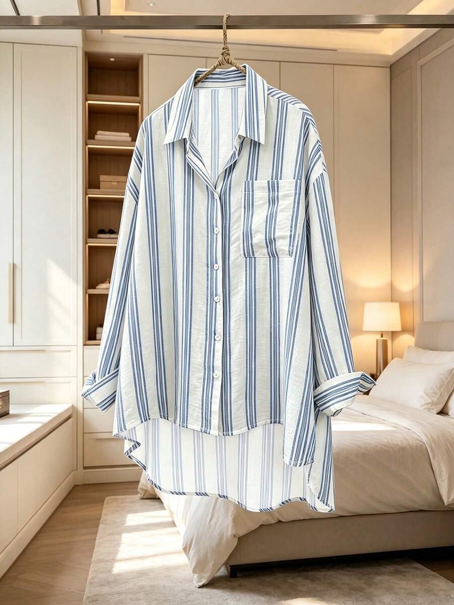 Franclia Plus Size Casual Striped Single-Breasted Long Sleeve Shirt, Simple Versatile Fashion - Blue - View 1