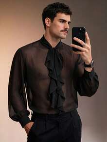 ZURIURI Men's Elegant Sexy Casual Long Sleeve Shirt With Tie Ribbon Rave Concert Black Autumn - Black - View 5