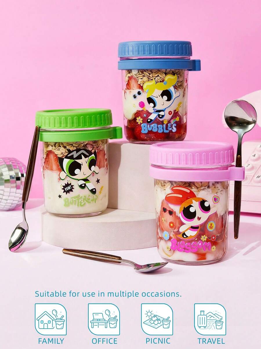 THE POWERPUFF GIRLS X POKOJA LAND 350ml Oatmeal Glass Cup With Lid And Spoon, Measuring Breakfast Container, Portable Milk, Salad, And Yogurt Cup - View 1