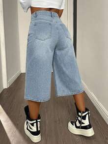 DAZY High Waist Loose Light Blue Washed Solid Color Wide Leg Knee Length Denim Casual Shorts For Women School Summer Y2K - Blue - View 2