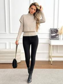 SHEIN PariChic Autumn/Winter Casual Solid Color Stand Collar Short Sleeve Sweater & Long Sleeve Sweater 2pcs Set - Apricot - View 4