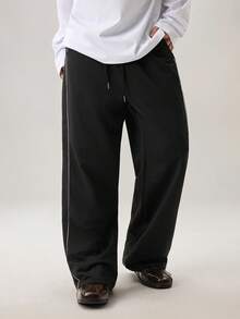 Vaulklash Men Casual Loose Wide-Leg Pants, With Side Seam Pockets And Patchwork Design, For Fall - Black - View 4