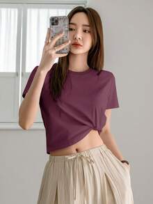 Dazy-Less 女士纯色圆领夏季休闲短袖T恤老款商务休闲女工作服 - 中紫紅色 - 查看 2