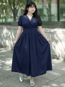 Bijouette 大尺碼優雅夏季純色花瓣短袖洋裝，海軍藍婚禮高茶會正式賓客早午餐約會之夜茶會晚宴 - 藏蓝色 - 查看 11