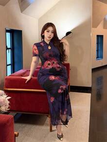 Vibekara Plus Size Sexy Style Cheongsam Collar Waist-Cinching Long Dress - Multicolor - View 1