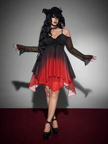 Whyspr Gaun Halloween Goth Gradient Mesh Lengan Panjang Transparan dengan Hem Asimetris untuk Musim Gugur - MultiWarna - View 3