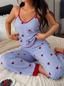 Napfluff V-Neck Striped Heart Print Camisole & Long Pants Pajama Set - Multicolor - View 3