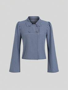 Sweetra Spring/Autumn New Long Sleeve Bell Sleeve Plaid Jacket, Fashionable And Minimalist, Suitable For Daily Wear And Commuting - Blue - View 1