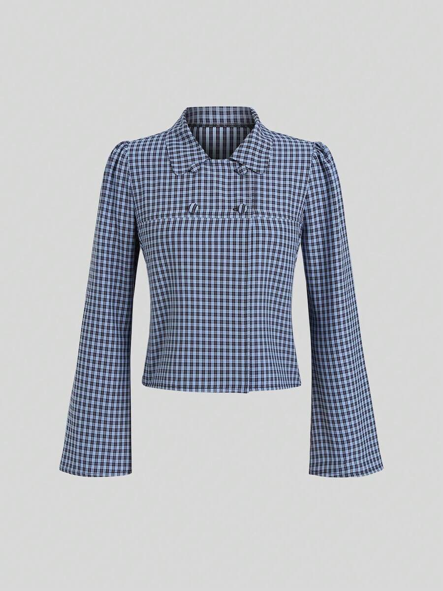 Sweetra Spring/Autumn New Long Sleeve Bell Sleeve Plaid Jacket, Fashionable And Minimalist, Suitable For Daily Wear And Commuting - Blue - View 1