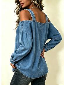 SHEIN Atasan Kasual Wanita Model Off-Shoulder dengan Motif Vintage - Biru - View 2