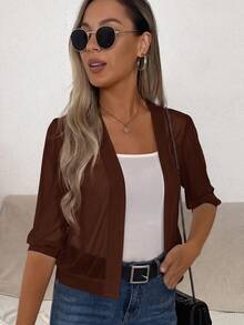 Easowa Solid Open Front Jacket In Fall/Winter,Casual - Coffee Brown - View 4