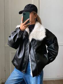 DAZY Women's PU Leather Long Sleeve Zipper Front Casual Winter Leather Jacket - Black - View 3