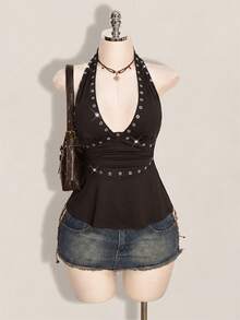 SHEIN ICON 萬聖節女款掛脖露背黑色娃娃裝背心 - 棕色 - 查看 6