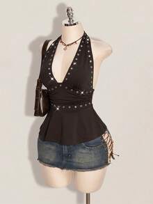 SHEIN ICON 萬聖節女款掛脖露背黑色娃娃裝背心 - 棕色 - 查看 12