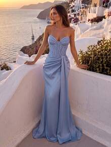 Aloruh Elegant Lace Patchwork Satin Bandeau Maxi Dress,See-Through Bust,Ruched Waist,Fishtail Hem,Formal Gala,Wedding,Birthday Party & Graduation Gown Fall - Blue - View 3