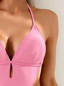 Oceva Traje de baño de una pieza con escote halter y unicolor para playa y verano - Rosa - Ver 4