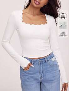 SHEIN BASICS 女款純色彎曲方領長袖修身休閒浪漫性感優雅運動休閒T恤 旅行純白色秋季健身夜生活 - 白色 - 查看 3