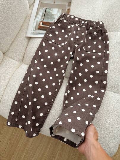 SHEIN Young Girl Coffee Brown Polka Dot Wide Leg Pants, Loose Straight Leg, Stylish Versatile Casual 100% Cotton Denim Jeans, Flattering Snug Fit Fit, Daily School Outings, Vacation Style Outfit Essential, Korean Style Young Girl Polka Dot, Blogger Inspired Style